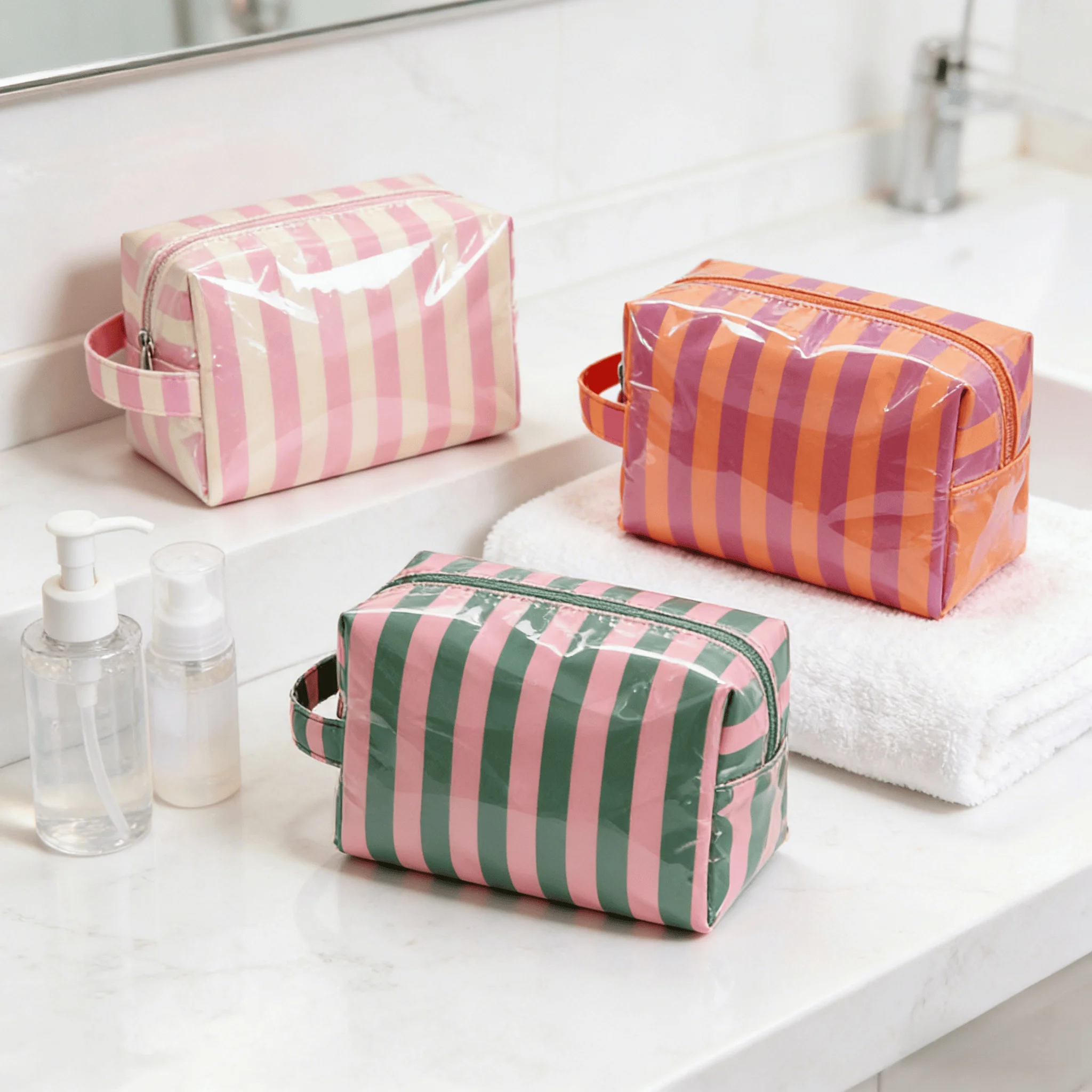 Stylish Pink Strip Makeup Bag Portable Travel Large Capacity Lipstick Storage Bag Handbag Cosmetic Bag Toiletry Bags Girls Gifts
