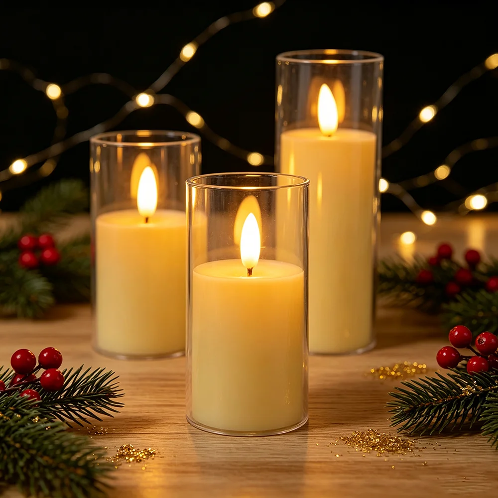 3pcs/set Transparent Tube LED Cylindrical Candle Light, Christmas Desktop Courtyard Terrace Candlelight Dinner Wedding Decor