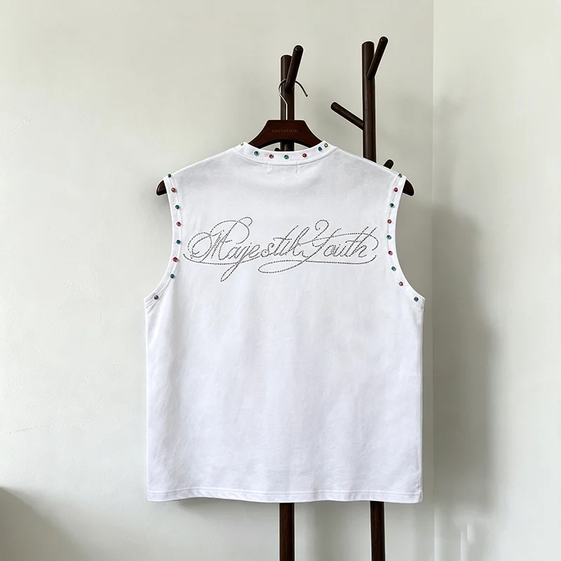 26SS Majestik Tank Top Men High Street Cool Letter Rhinestone Knight Print Streetwear Sleeveless Top