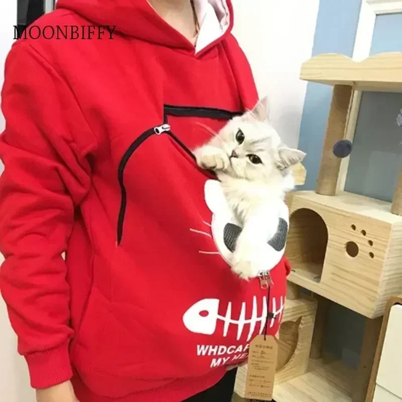 Hoodie Musim Dingin Sweter Pria Wanita Kantung Hewan Tudung Pullover Blus Atasan Wanita Membawa Anjing Kucing Kaus Bernapas 3XL