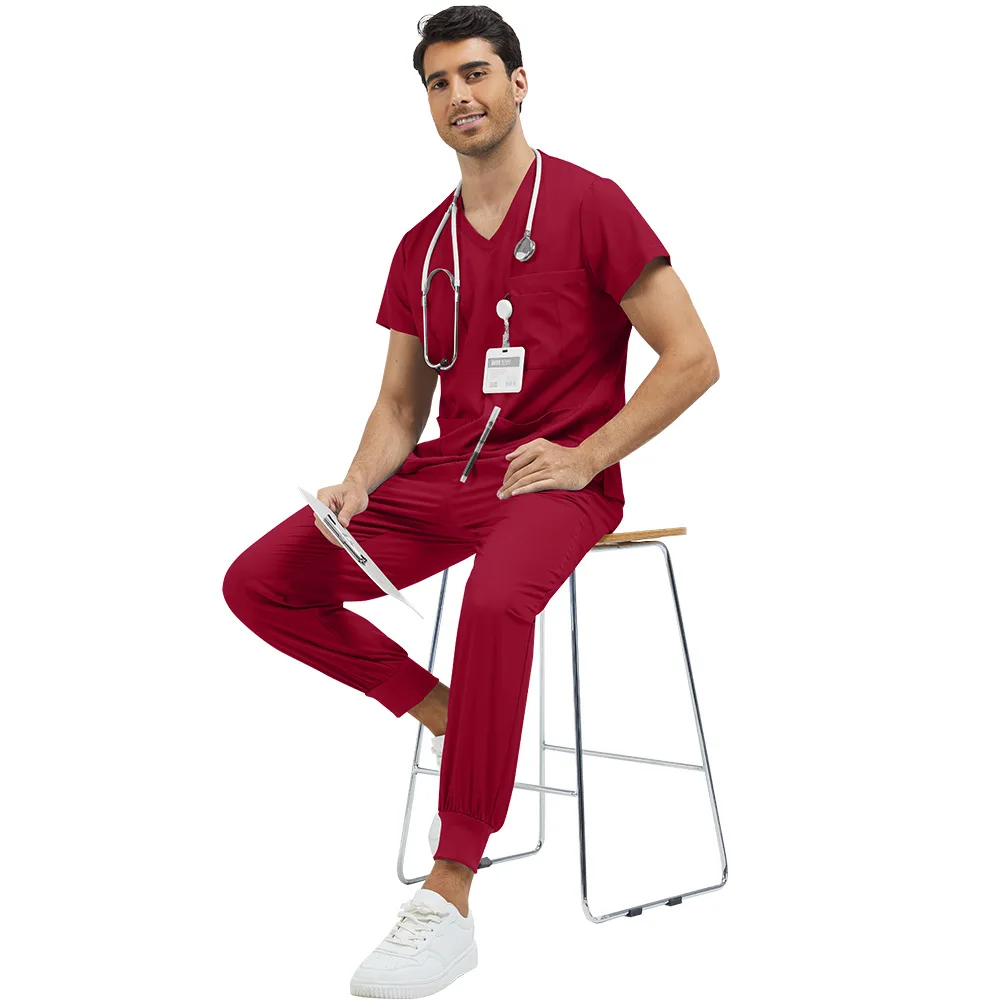 Unisex V Neck Medical Scrub Set Stretch Short Sleeve Multi Pocket  Drawstring Pants Doctor Nurse Hospital Surgical Workwear