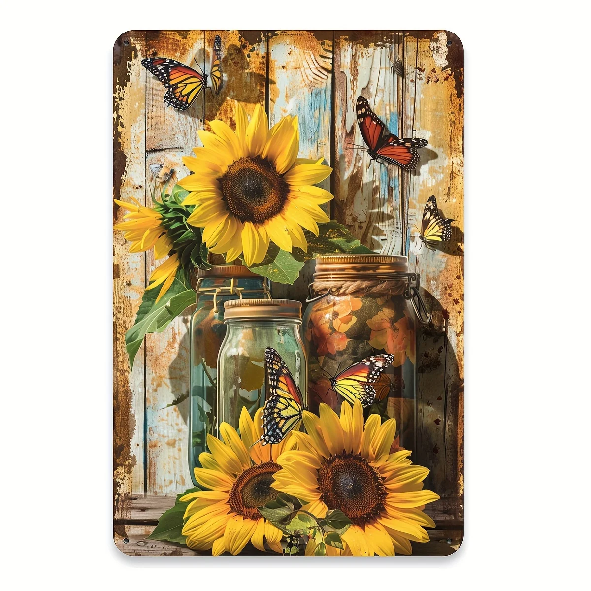 Charming Sunflower Vintage Metal Tin Sign - Rustic Style Wrought Iron Wall Decor with Mason Jar and Butterfly Durable Home Ca