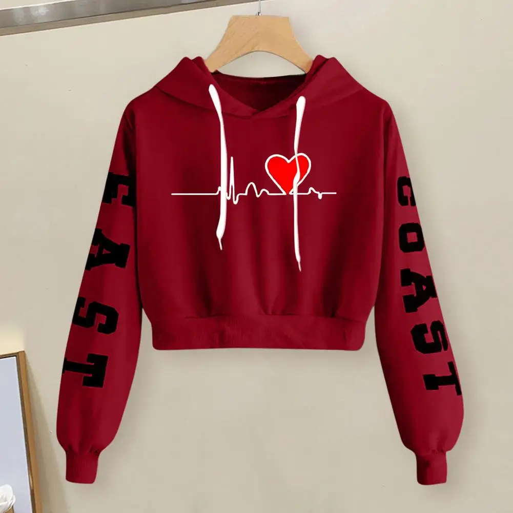 

Women Hoodie Windproof Keep Warm Short Tops Cotton Blend Pullover Letter Heart Printing Women Hooded Sweatshirt For Dating