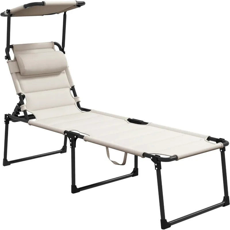 

Outdoor Lounge Chair, Adjustable Backrest Folding Chaise Lounge, Cushioned Tanning Chair w/Sunshade Roof & Pillow Headrest