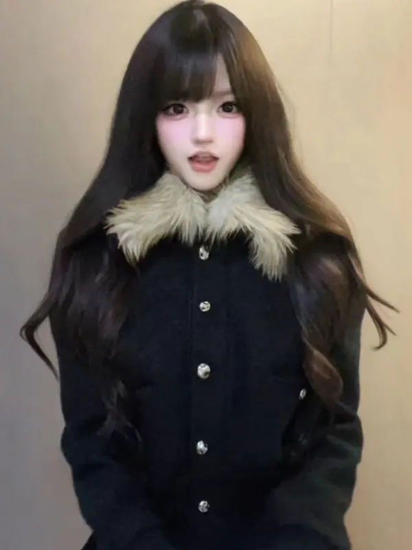 

Korean Sle Slimming Bla Woolen Coat Women's Faionable Top Winter 2025 Long Sve Button Detail Commute Friendly