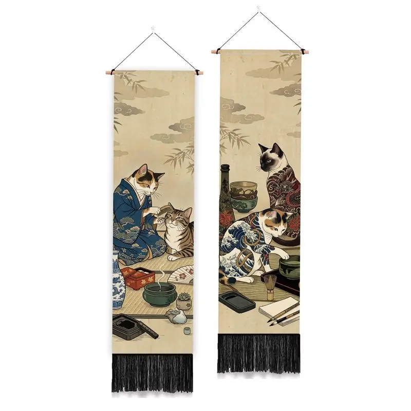 VIKAMA Ukiyo e Long Tassel Tapestry Japanese Kimono Cats Tea Ceremony Wall Hanging Vintage Aesthetic Bedroom Dorm Wall Decor