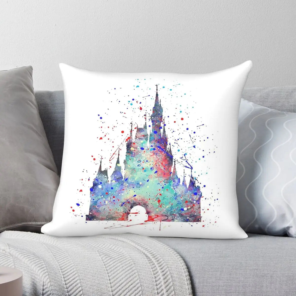 Princess Castle Watercolour Square Pillowcase Polyester Linen Velvet Printed Zip Decor Sofa Seater Cushion Cover