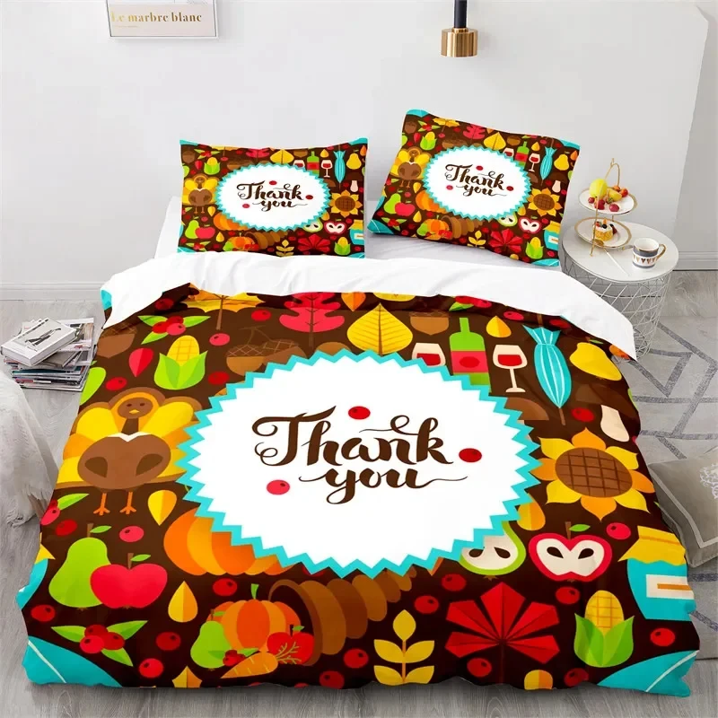 Thanksgiving Day Twin King Duvet Cover Cartoon Pumpkin Turkey Bedding Set Microfiber Maple Leaves Comforter Cover For Boys Teen