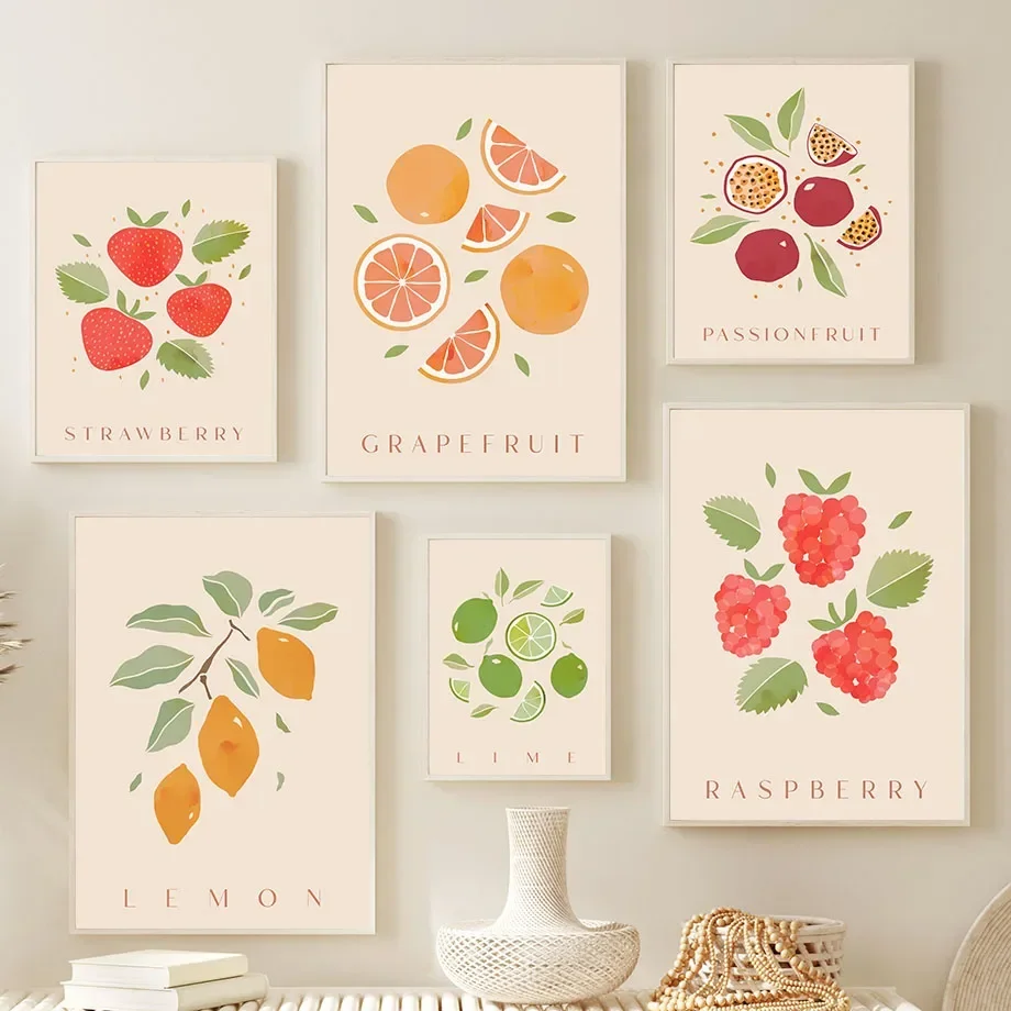 Kitchen Food Botanical Wall Art Mural Strawberry Lime Fruit Raspberry Canvas Painting Poster Print Pictures Living Room Decor