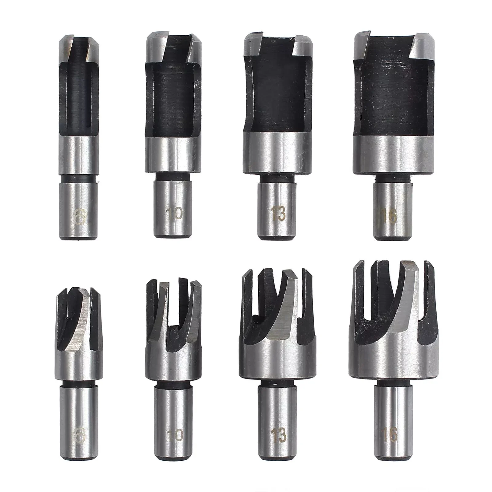 Wood Plug Cutter Set with 4 Standard & 4 Four-Tooth Chamfered Cutters Straight & Tapered Drill Bits for Countersink Hole Filling