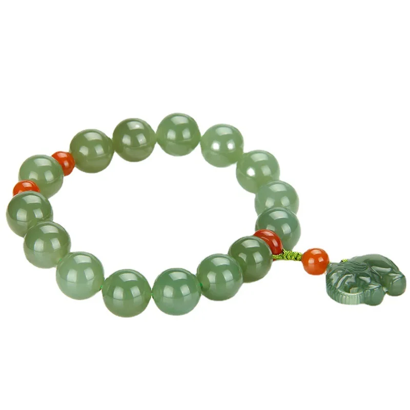 

Fine Jewelry Natural Hetian Nephrite Jade Lake Green Round Bead Bracelet for Men and Women