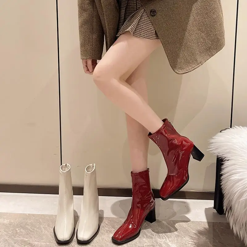 Boots Women New 2024 Autumn Shoes Winter Footwear Leather High Heel Rock Red Ladies Ankle Retro Square Toe Patent Winter Boots L