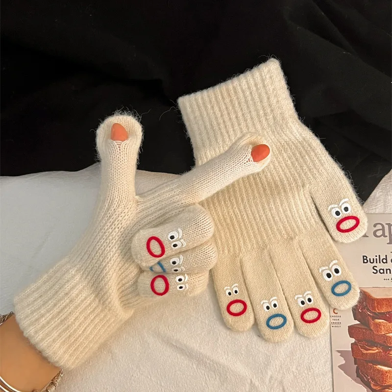 Winter Women Student Cycling Keep Warm Cute Cartoon Show Fingers Split Finger Touch Screen Personality Funny Knitted Gloves