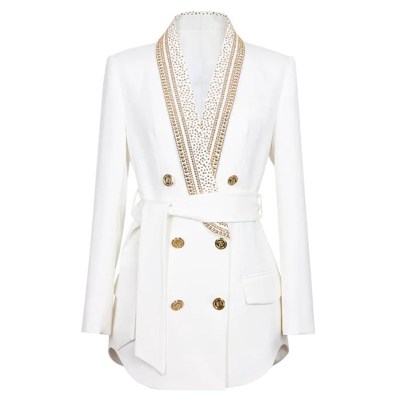 Women Fashion Long Blazer with Belt 2024 Autumn New White Black Diamonds Patchwork Double Breasted High Street Chic Jacket Coats