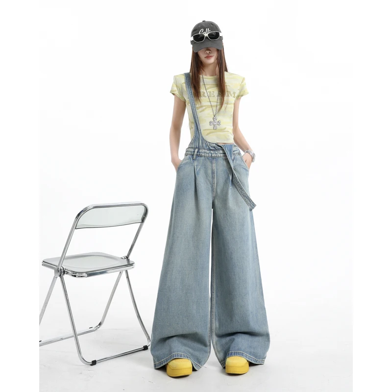 

Retro Washed Casual Denim Overalls Women's Loose Wide Leg Floor-Length Lazy Pants Vintage Style Age-Defying Individualistic