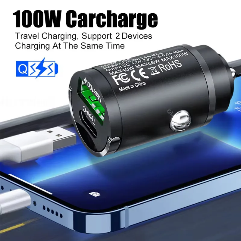 Mini 100W USB Car Charger Type C QC3.0 PD Car Chargers Fast Charging Auto Phone Charger Adapter for Iphone Samsung Huawei Xiaomi