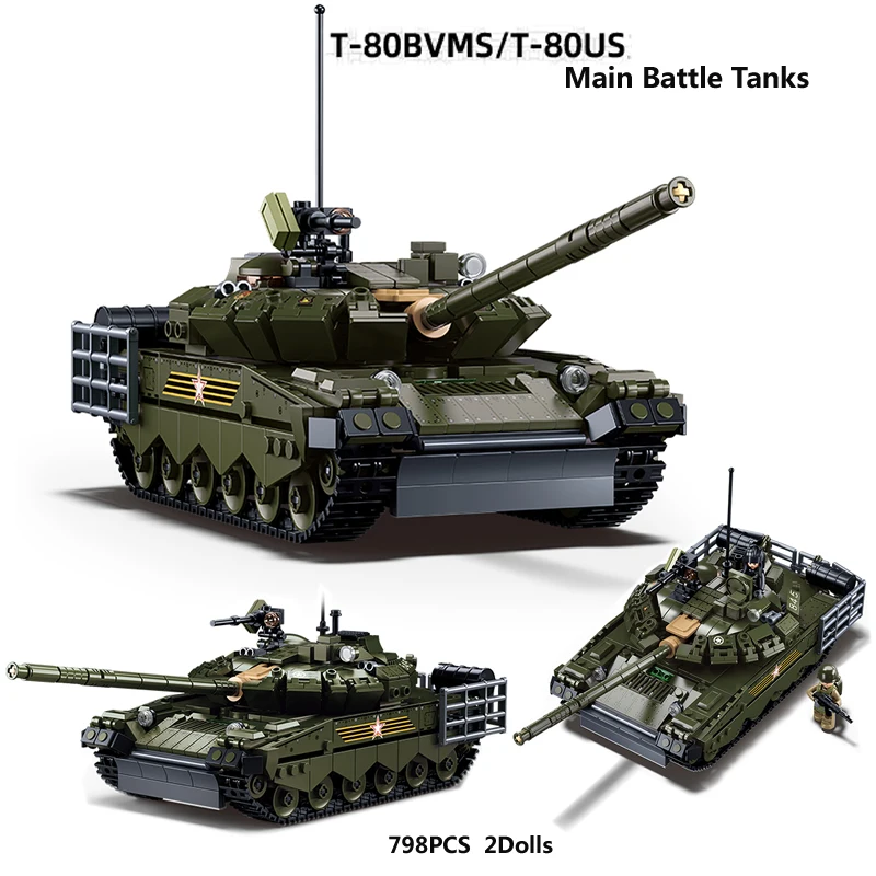 Sluban New WW2 Military Tank 2IN1 T-80US T-80BVMS Model Building Blocks Brick Soldiers Army weapon Kids Toys World War II 798PCS