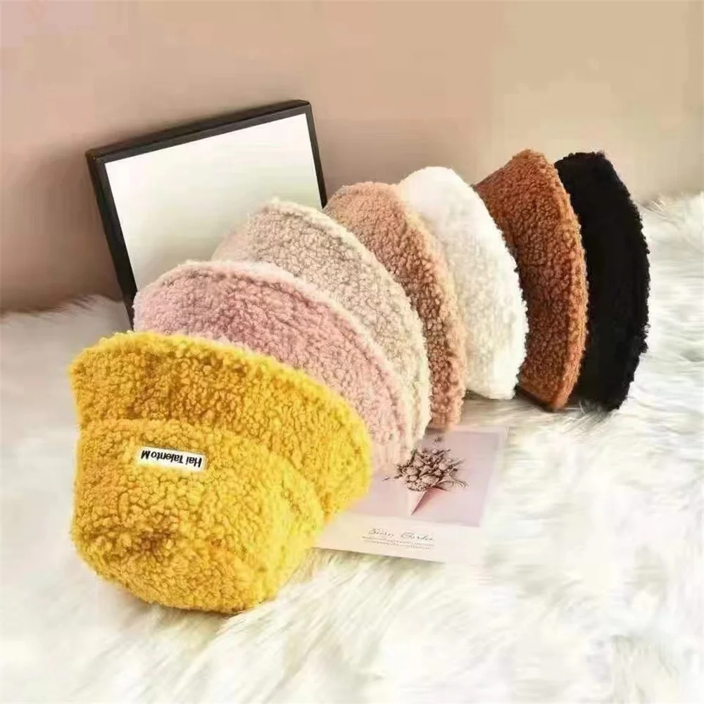 Winter Warm Plush Bucket Hat Women Girl Solid Color Fuzzy Fishmen Panama Caps For Lady Casual Outdoor Bucket Hats for Women