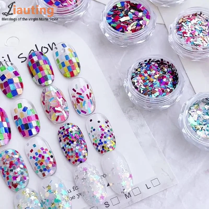 1jar Colorful Iridescent Laser Nail Glitter Decoration Mixed Colors Sequin Flakes Manicure Accessories DIY Nail Art Design