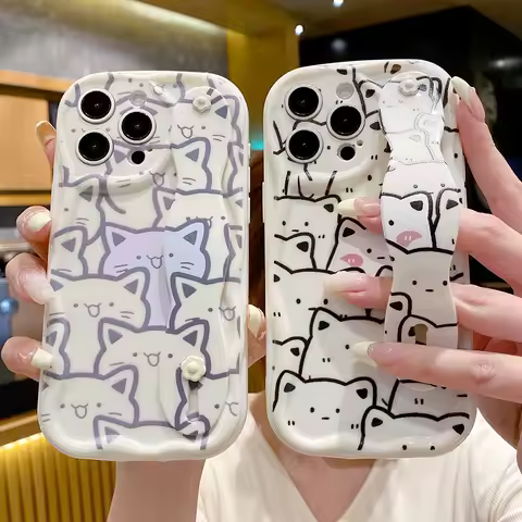 Wrist Strap Case For Samsung S25 S24 S23 S22 Plus Ultra S21 S20 FE A55 54 35 15 52 53 73 25 Cream Full Cat Phone Holder Cover