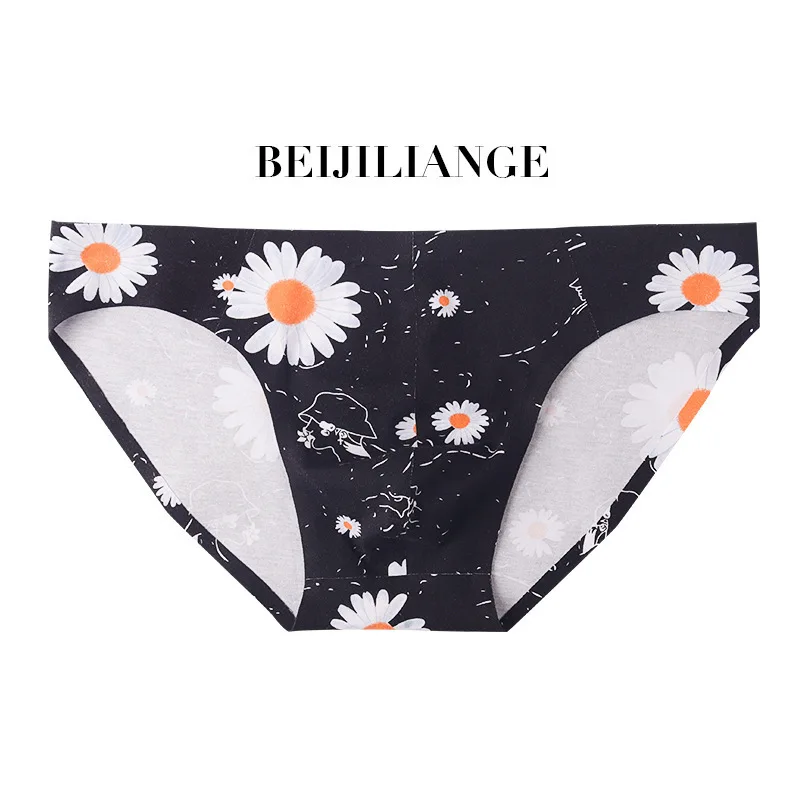 Men Fashionable Daisy Printed Bikini Youth Cotton Breathable Seamless Sports Panties Briefs Gay Sexy Low Rise Bulge Pouch Tangas