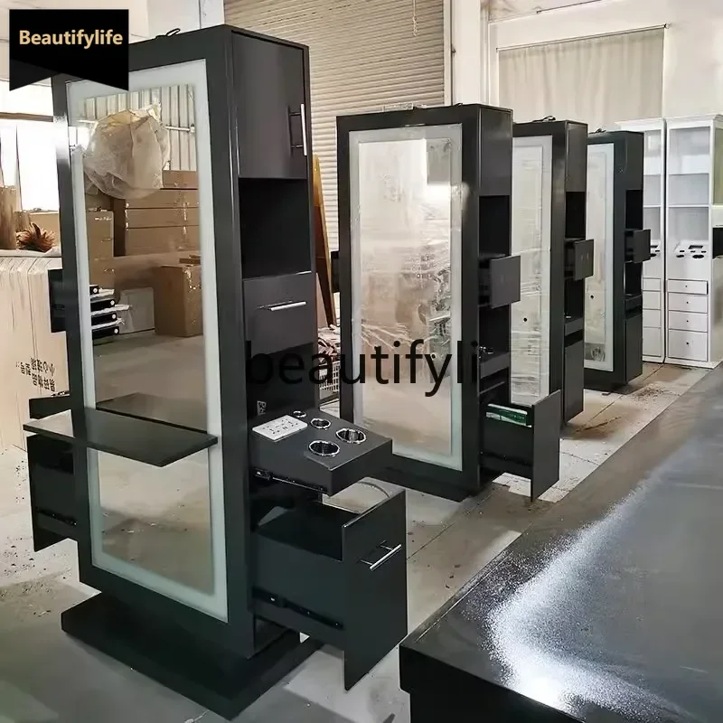 D80 Barber Shop Mirror Counter Integrated Desktop Double Sided Hair Salon Mirror Hair Salon Makeup With Light D80