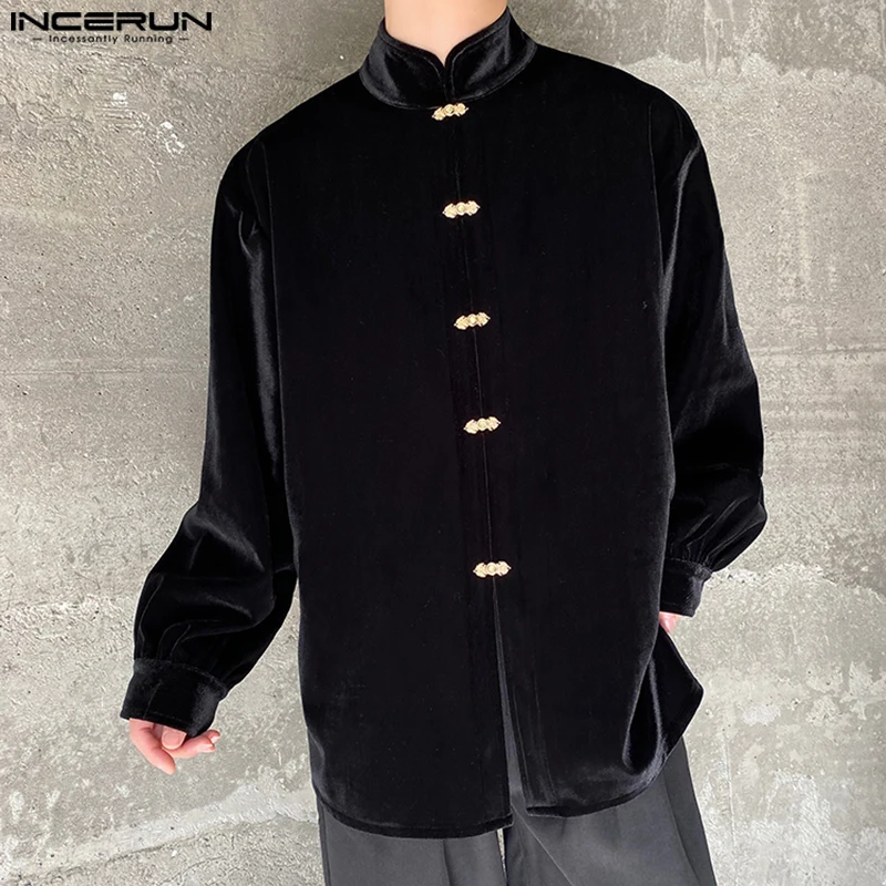 INCERUN, Tops sencillos de gamuza, camisas con diseño de hebilla Memtal elegante, superventas, blusa informal de manga larga con cuello levantado sólido para hombre, S-5XL
