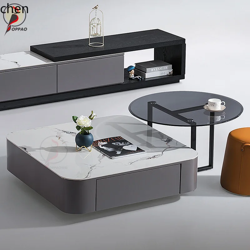 YFY Modern Minimalist Extendable Rock Board Coffee Table TV Cabinet Set Living Room Home Small Apartment Minimalist Light Luxury