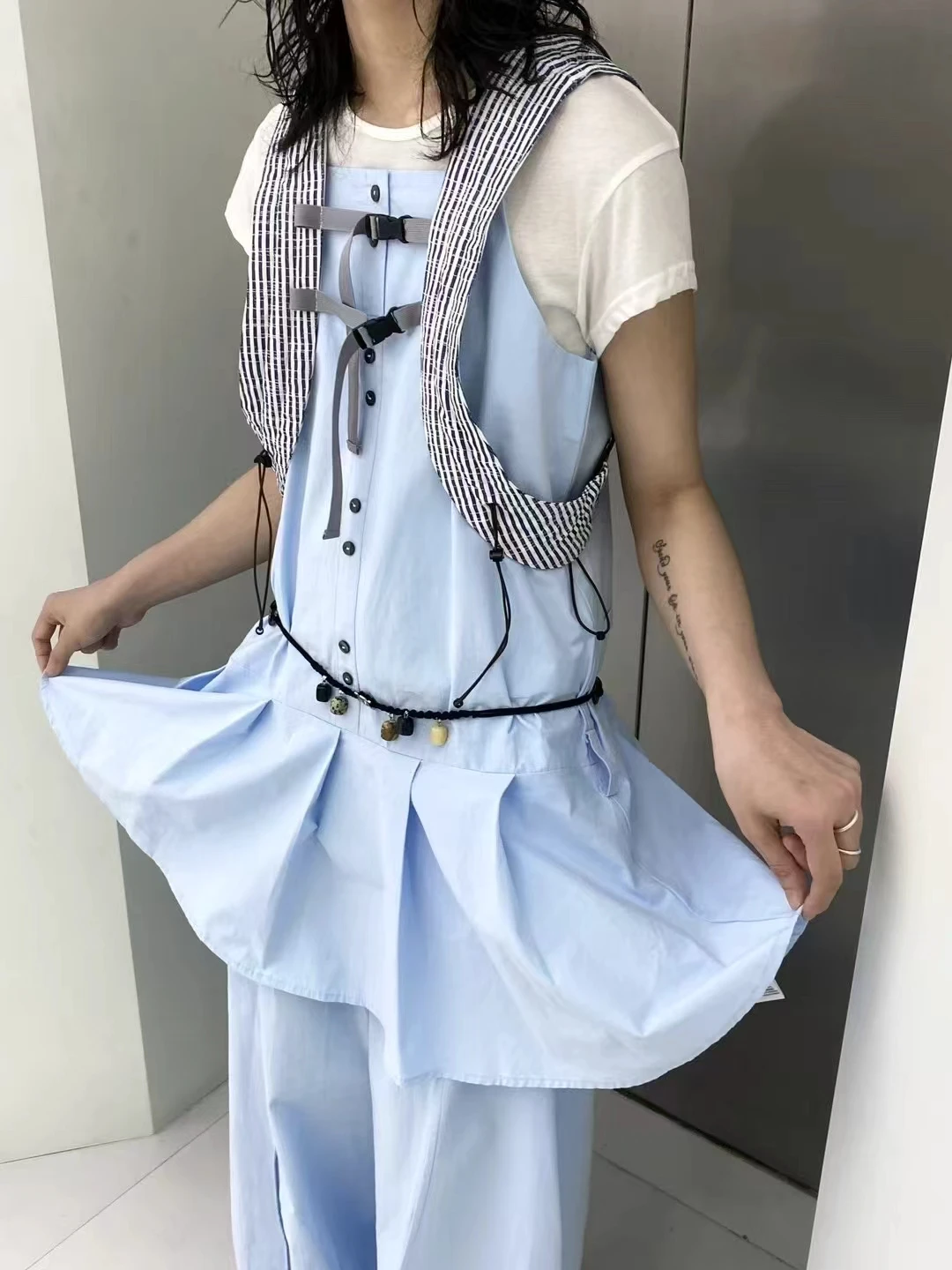 Outdoor Functional Wind Striped Dstring Mixed Bapa Vest Girl Street Sle Cotton round Ne No Button Pure Color