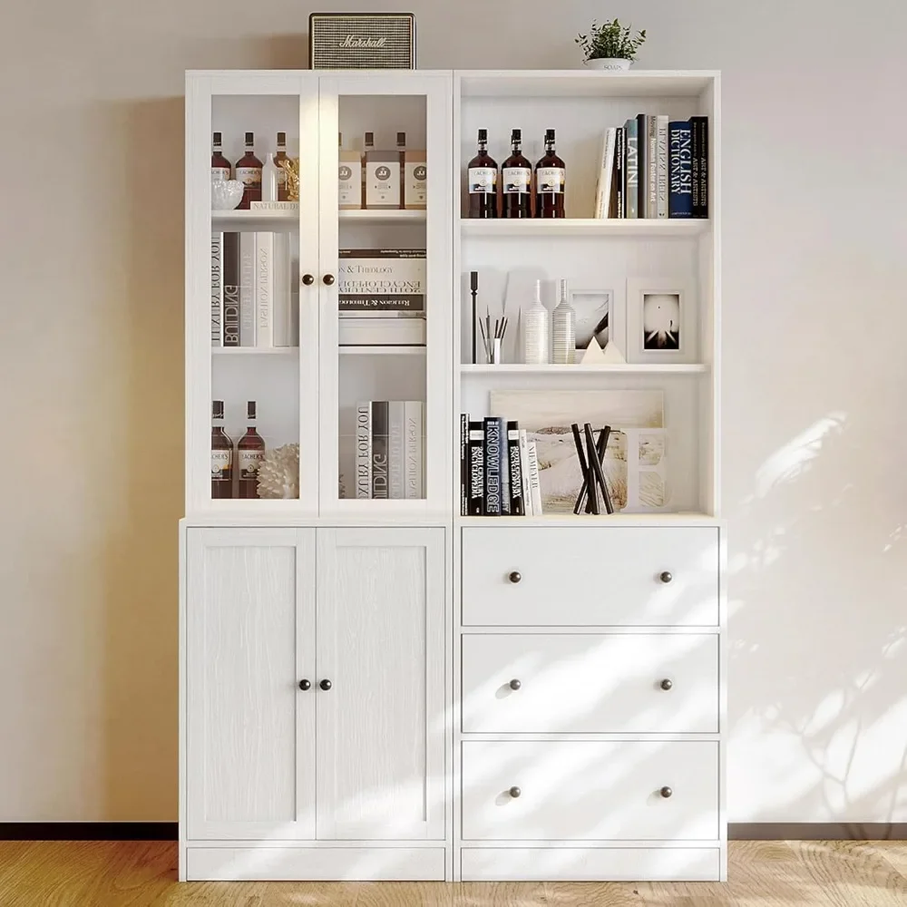 

Vertical File Cabinet, 3-Tier Modern Bookshelf with 3 Large Drawer, Wood Filing Cabinet with Open Storage Shelf, Glass Doors