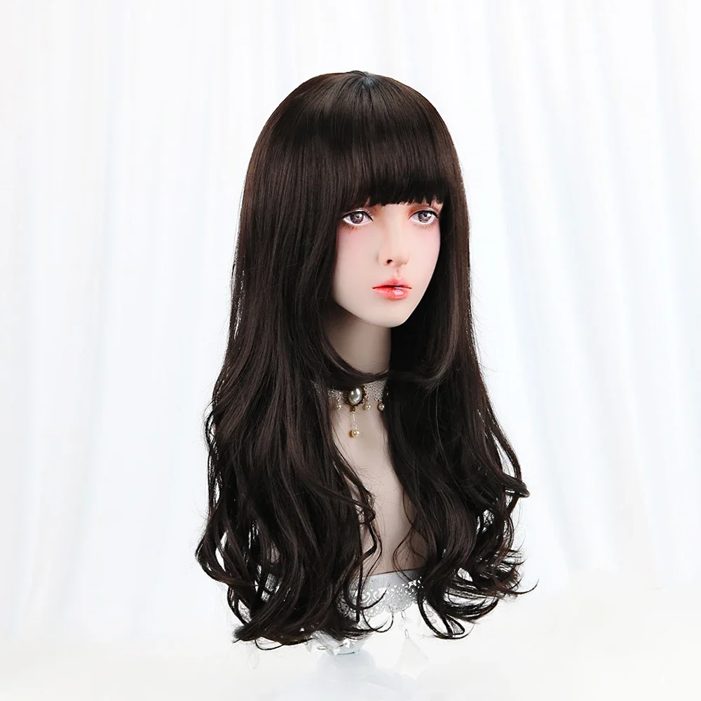 24''Synthetic Black Cosplay Lolita Wig With Bangs Long Curly Costume Japan Harajuku Hair Cosplay Wigs For Women Heat Resistant