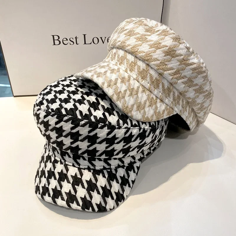 Thousand grid bird Panama Women's Beret Flat Top Duck Tongue Fashion Elegant Retro Painter Hat
