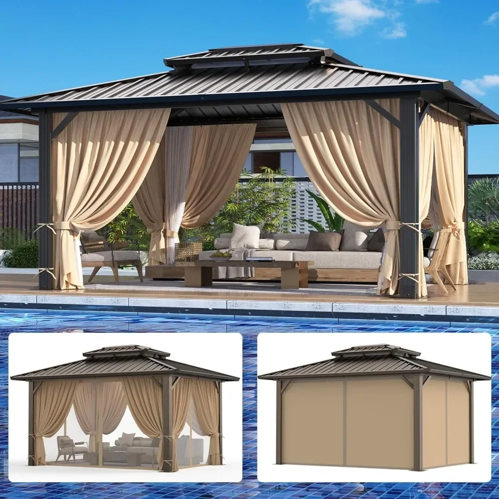 hard-top gazebo with galvanized steel double roof, flame retardant curtains and netting, aluminum frame outdoor gazebo