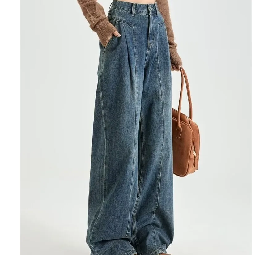 

American Style Slim Fit Banana Scythe Jeans For Women Vintage Wash High Waist Straight Loose Wide Leg Denim Pants