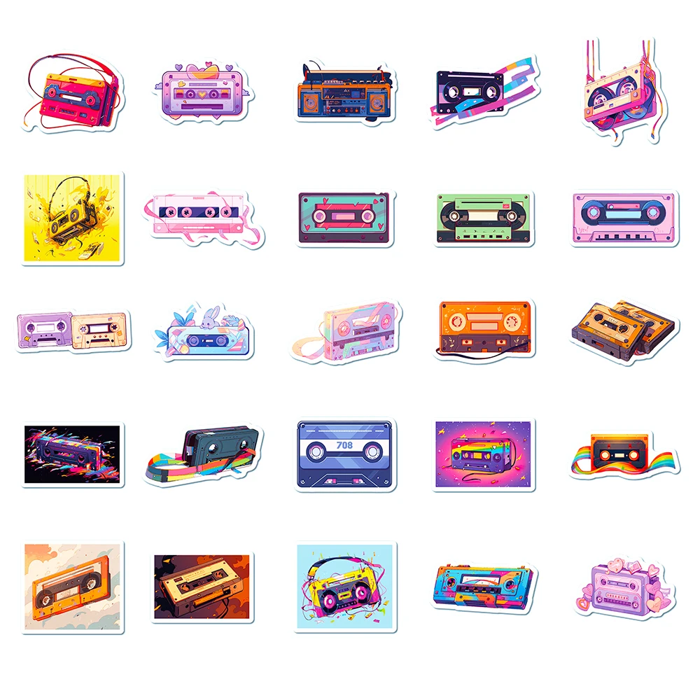 10/30/50pcs Music Tape Kawaii Cartoon Stickers Vintage Aesthetics Sticker for Car Guitar Laptop Phone Cartoon Decal Toys Gift