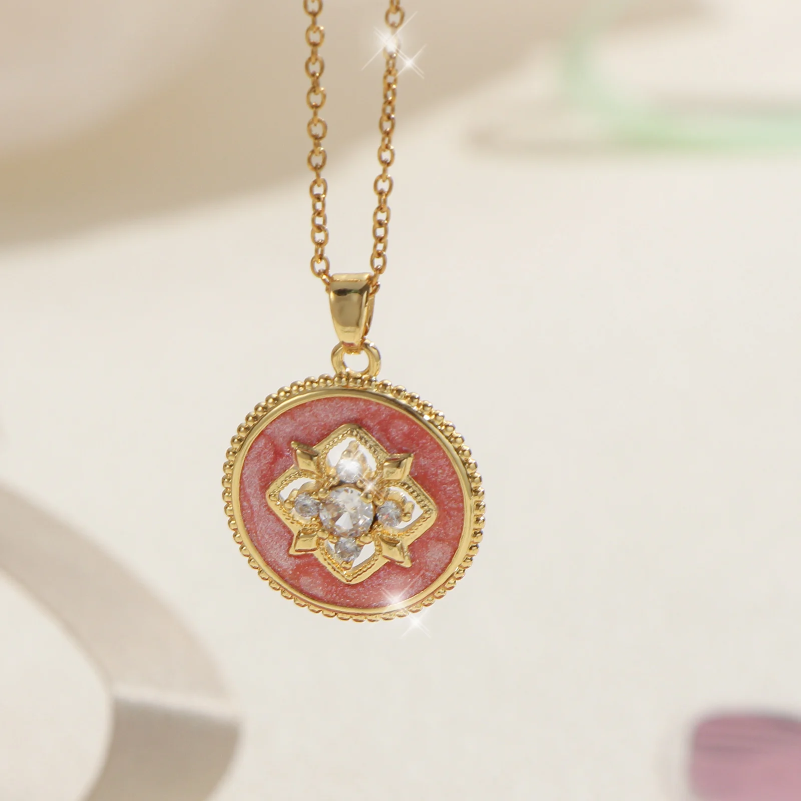 

women fashion necklace 1pc golden chain pink enamel diamond pattern pendant light luxury gentle versatile high grade accessory