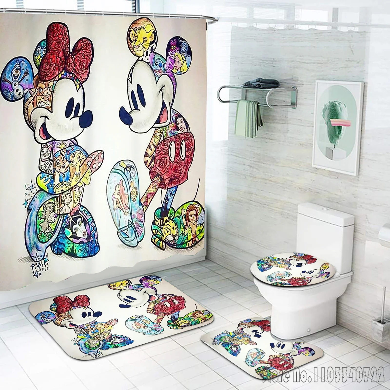 Disney Mickey Mouse Anime Bath Shower Curtain Set 4pcs with Hooks Waterproof Bathroom Toilet Mat Lid Decor