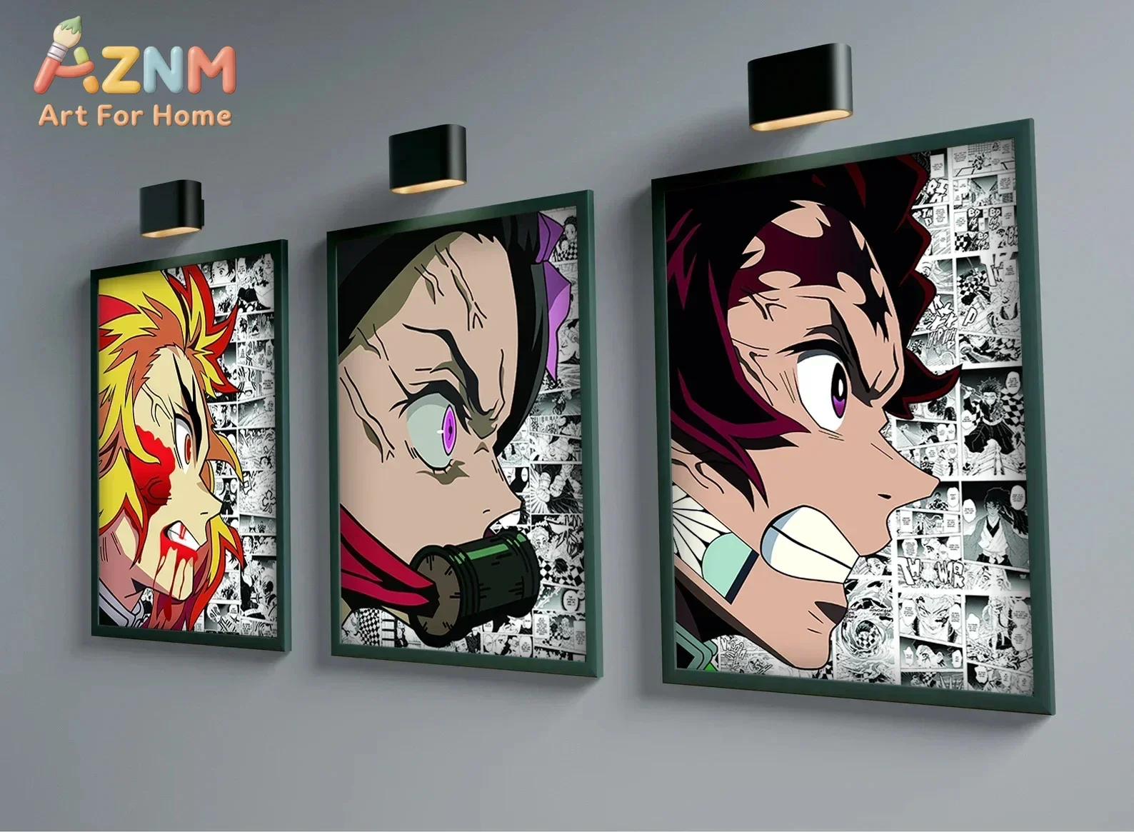 AZNM Demon Slayer Anime Canvas Wall Art Tanjiro Rengoku Manga Panel Background Canvas Print Bedroom Decor Poster