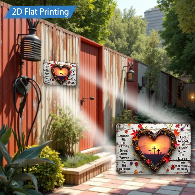 [2D FLAT] 1 قطعة علامة معدنية ، 8x12 بوصة ريفي القلب الصليب علامة معدنية 2D الطباعة المسطحة المسيحية جدار ديكور فني لحديقة المنزل