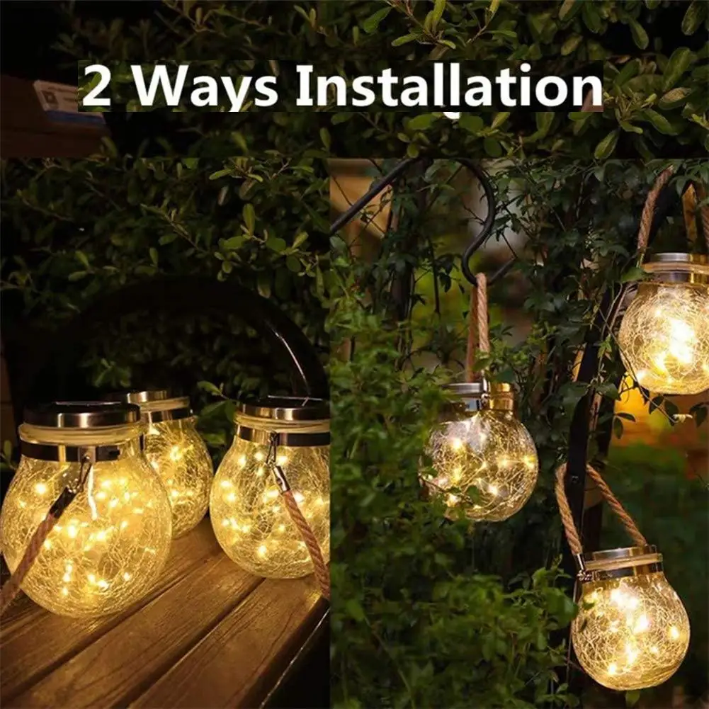 Solar Light Outdoor Waterproof Solar Crack Light Mason Jar Lights Hanging Solar Glass Lamp for Garden Lawn Courtyard Decoration