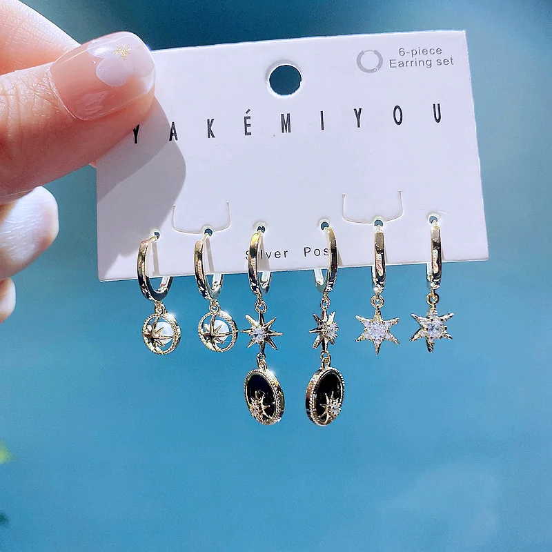 High Quality 3 Pairs Star Hanging Drop Earrings Set Gold Color Black Acrylic Zircon Huggies for Women