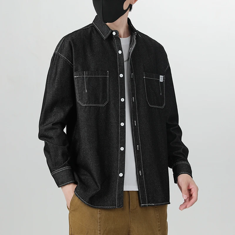 Men\'s Clothes Cotton Denim Shirts Long Sleeve Blue Black Pockets Button Drop Shoulder Casual Cowboy Coat Loose Work Male Shirt