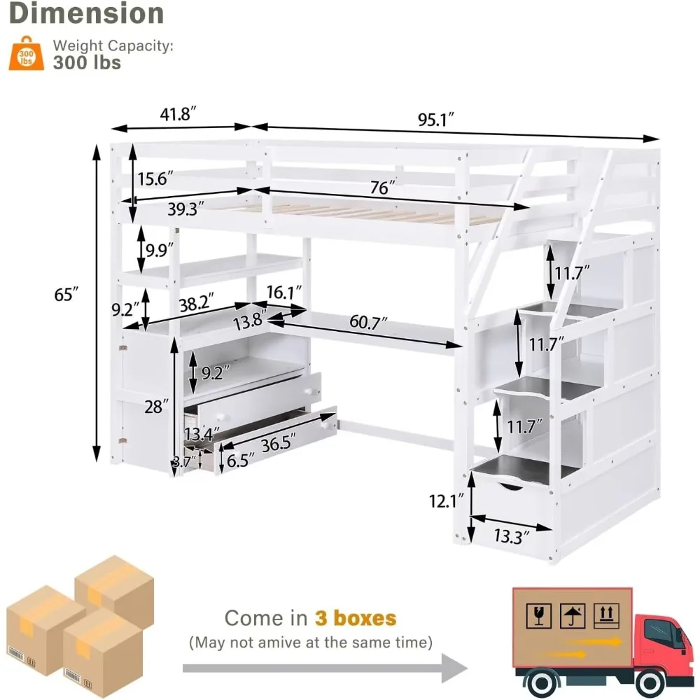 سرير علوي مزدوج مع سلالم ومكتب، سرير علوي من الخشب الصلب مع سلالم تخزين، إطار سرير مرتفع للدرج مع خطوة تخزين #2