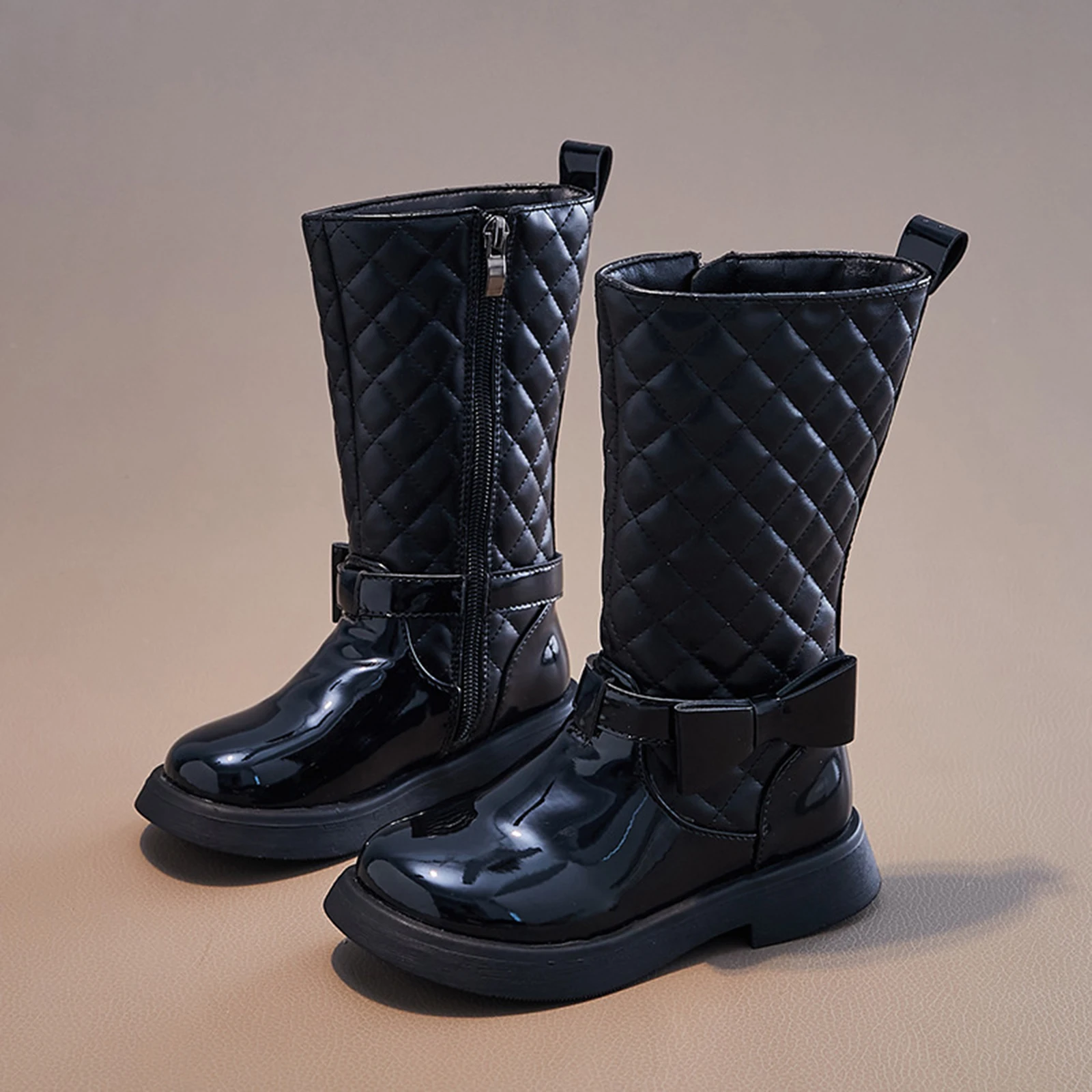 Girls Black Boots Glossy Side Zipper Children High Boots Bow Kids Versatile Casual Shoes for Catwalk Britain Style Non-slip