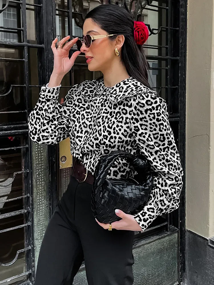 

Fashion Leopard Print Shirt Top Women's Summer Lapel Long Sleeve Stitching Button Slim Casual Women's Cardigan Top Shirt