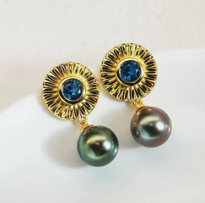 

stunning pair of 9-10mm 10-11mm tahitian round black green pearl dangle earring 925s