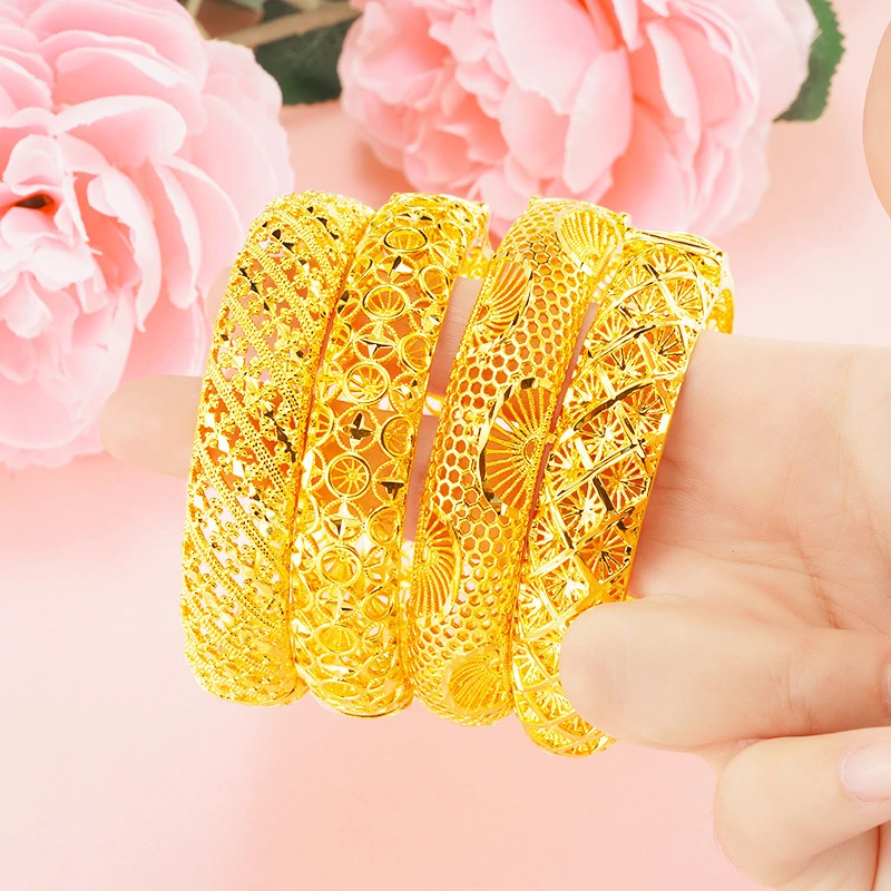 14K Gold‑Plated Stainless Steel Hinged Clasp Bangle Filigree Mesh Texture Women Fashion Bracelet Party Jewelry Gift