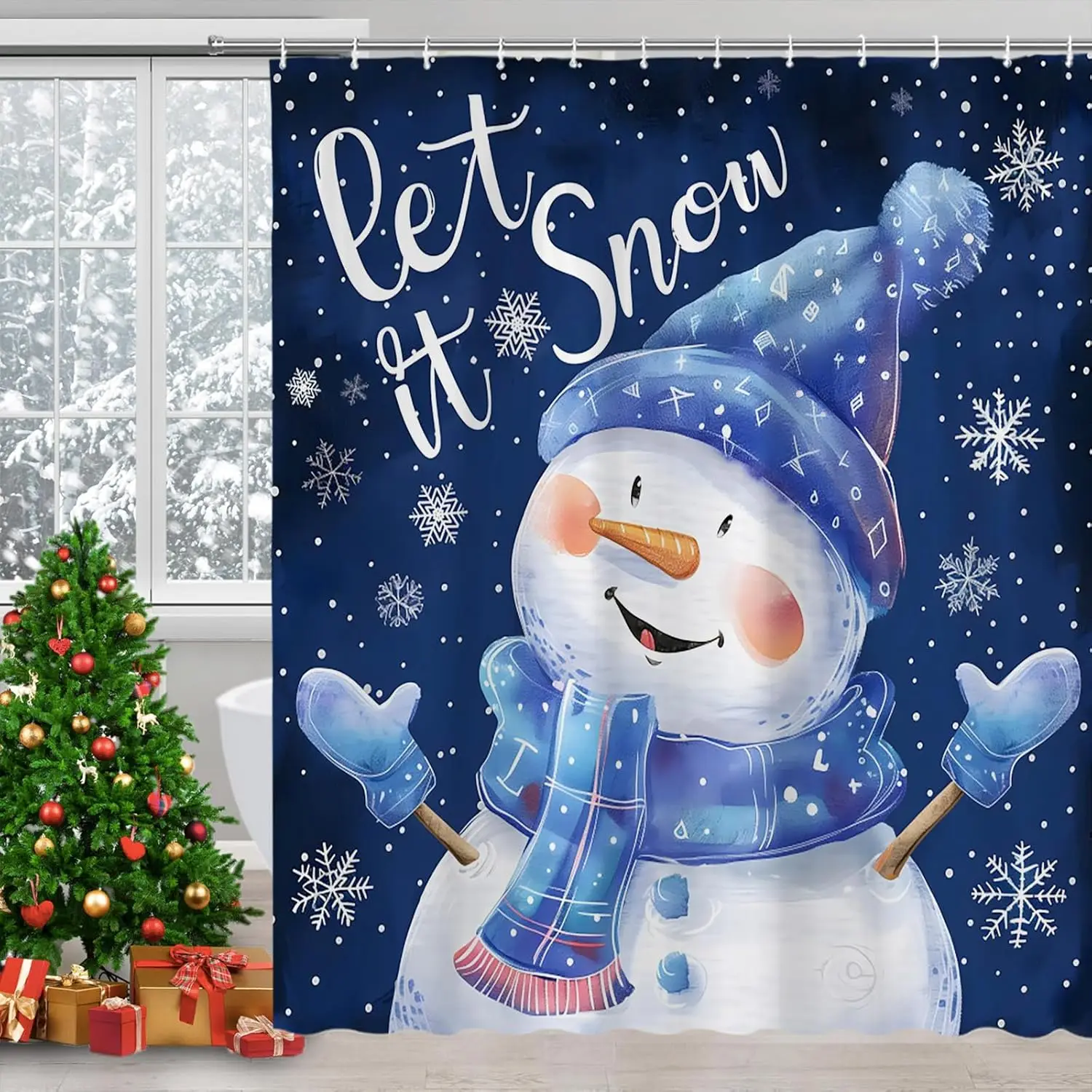 Happy Snowman Shower Curtain Winter Merry Christmas Snowflake Cute Snowman Shower Curtain for Bathroom Polyester Curtains Set