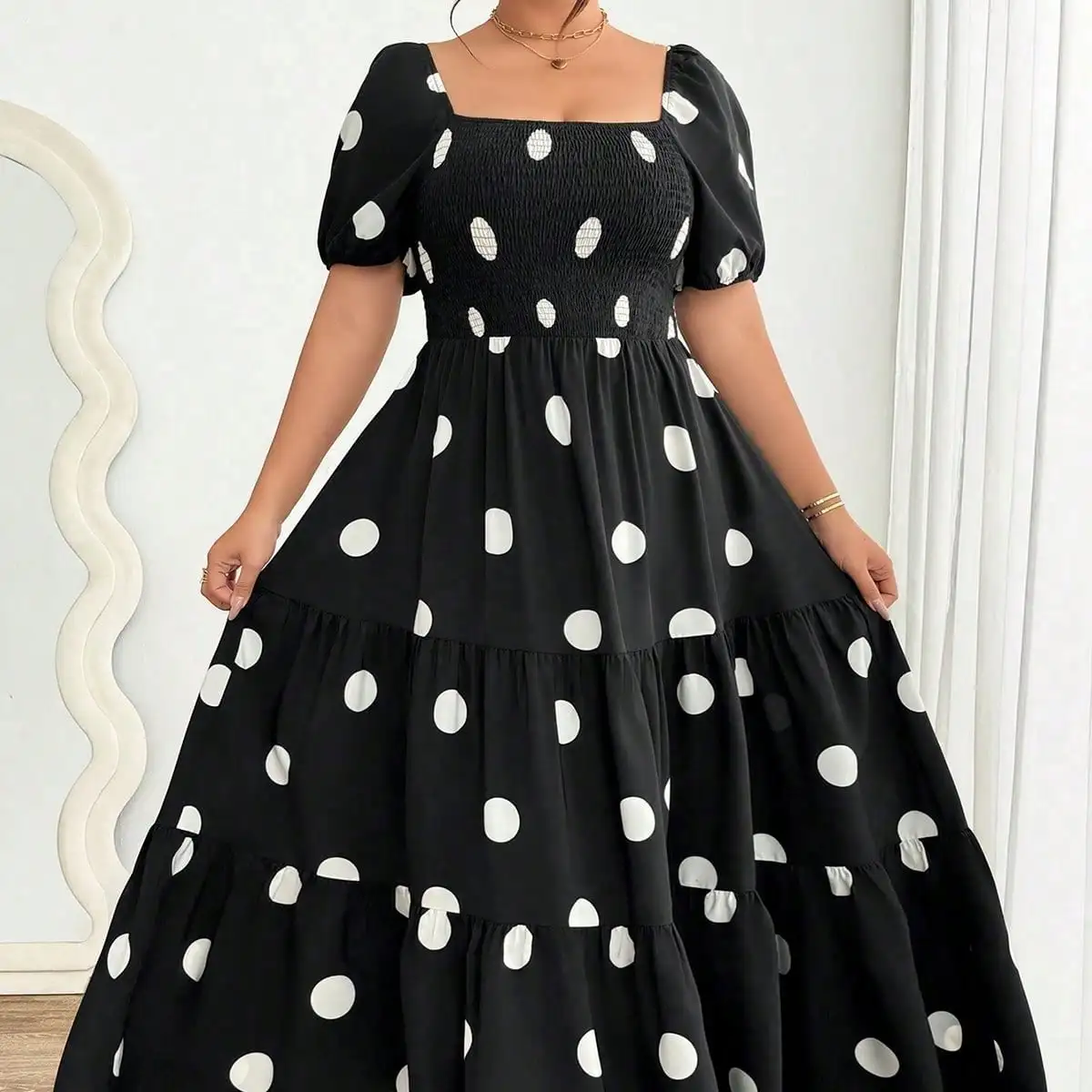 Ladies Black Polka Dot Ruffle Sleeve Square Collar Long Dress Elegant A-Line Summer Gown Suitable for Plump Figures view 5