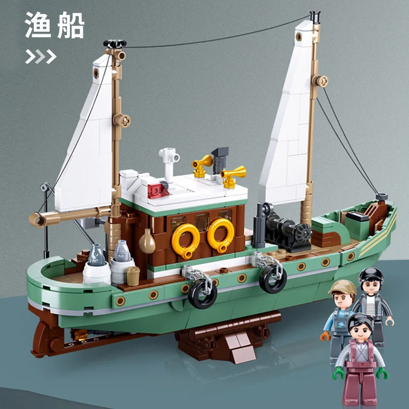 610PCS City Fishing Boat Vessel Trawlboat Model Building Blocks Pirate Ship Sea Fisher Figures MOC Friends Toys Christmas Gifts